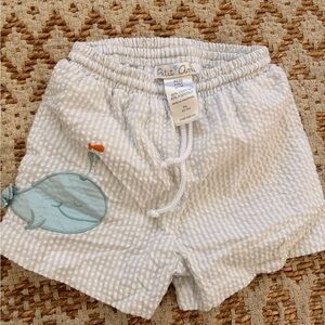 Petit Ami White and Blue Baby Shorts with Whale Embroidery
